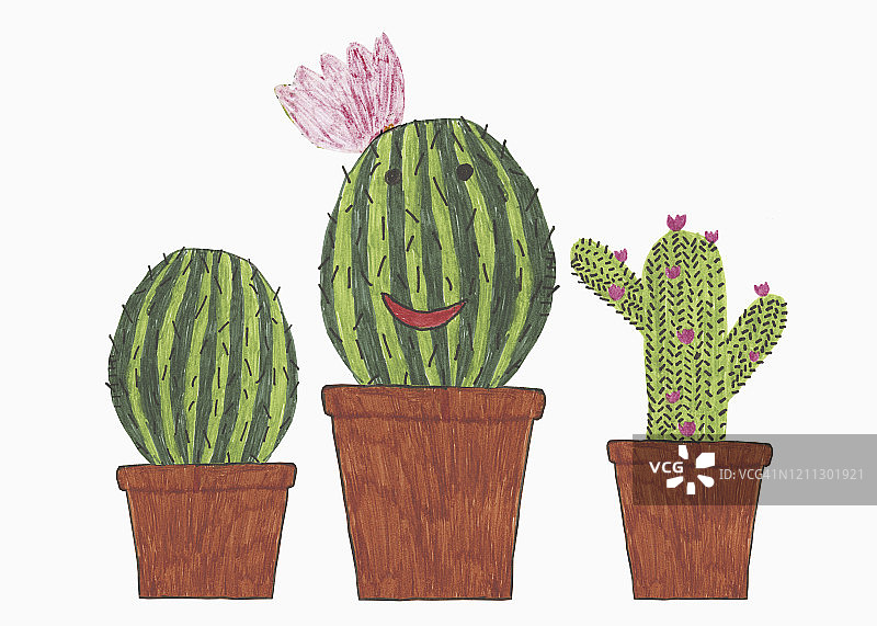 花盆里的拟人化仙人掌插画图片素材