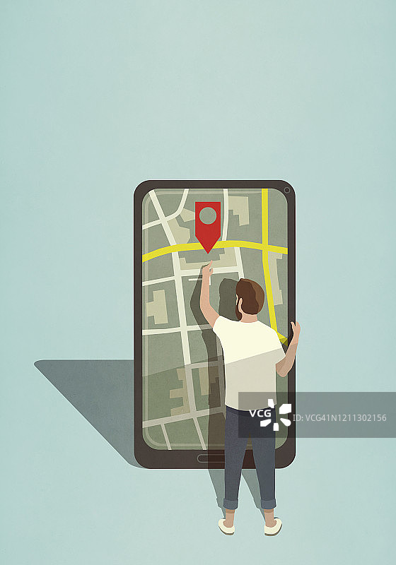 男人在大智能手机上伸手去拿地图图钉图标图片素材