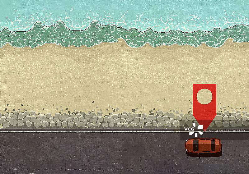 汽车沿海滨公路行驶，上方的地图图钉图标图片素材