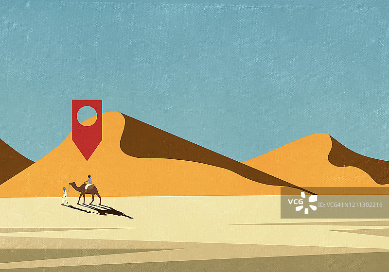 骑骆驼男子沙漠中的地图图钉图标图片素材