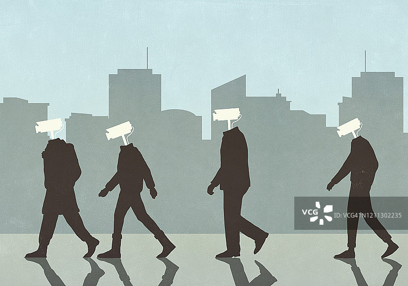 城市中头部为监控摄像头的男人们图片素材