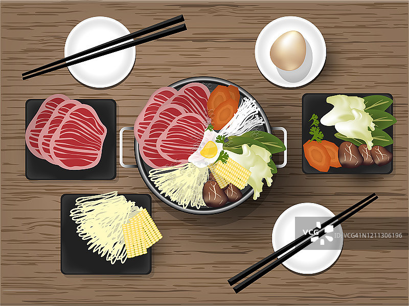 日式寿喜烧矢量插画，采用优质日本牛肉、鸡蛋、面条和蔬菜，传统火锅寿喜烧图形设计理念图片素材