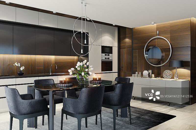 现代豪华单壁厨房和餐厅图片素材
