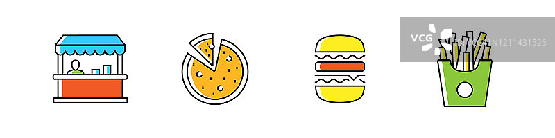 街头美食矢量扁平线条图标和符号集图片素材