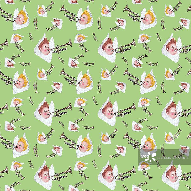 德国吹喇叭天使绿色剪纸背景无缝墙纸包装纸图片素材