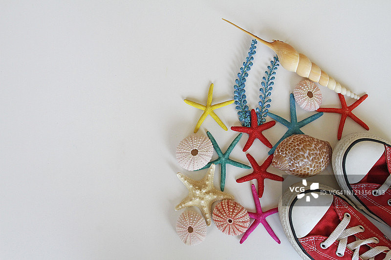 红色运动鞋和彩色贝壳图片素材