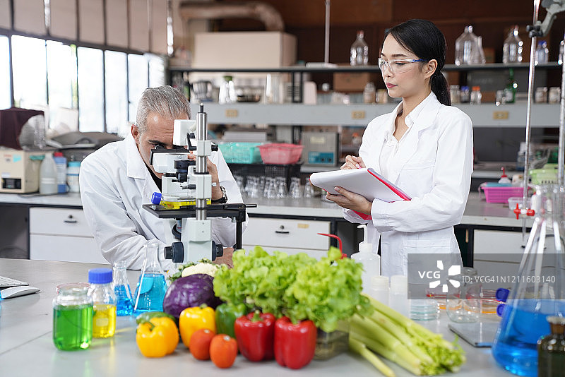 科学家在细胞培养瓶中使用显微镜观察微生物液体样本图片素材