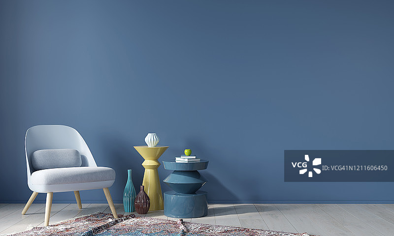 带有扶手椅和彩色桌子的蓝色内饰图片素材
