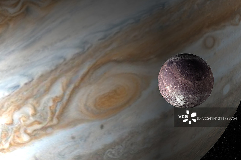 外太空的木星及其卫星盖尼米德的3D渲染图图片素材