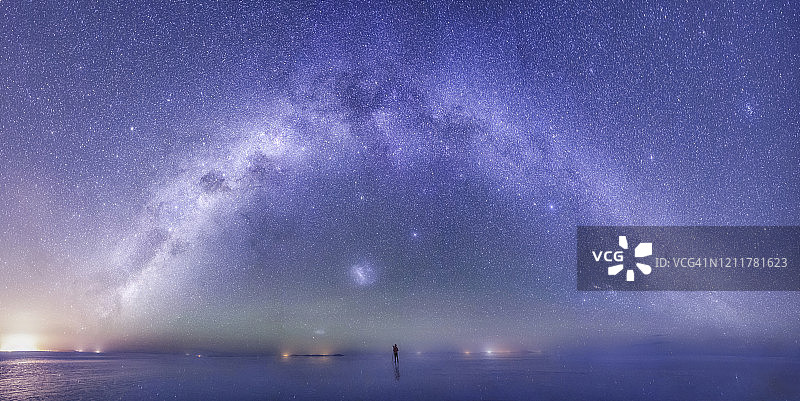 玻利维亚乌尤尼盐沼上拍摄银河的男人全景图片素材