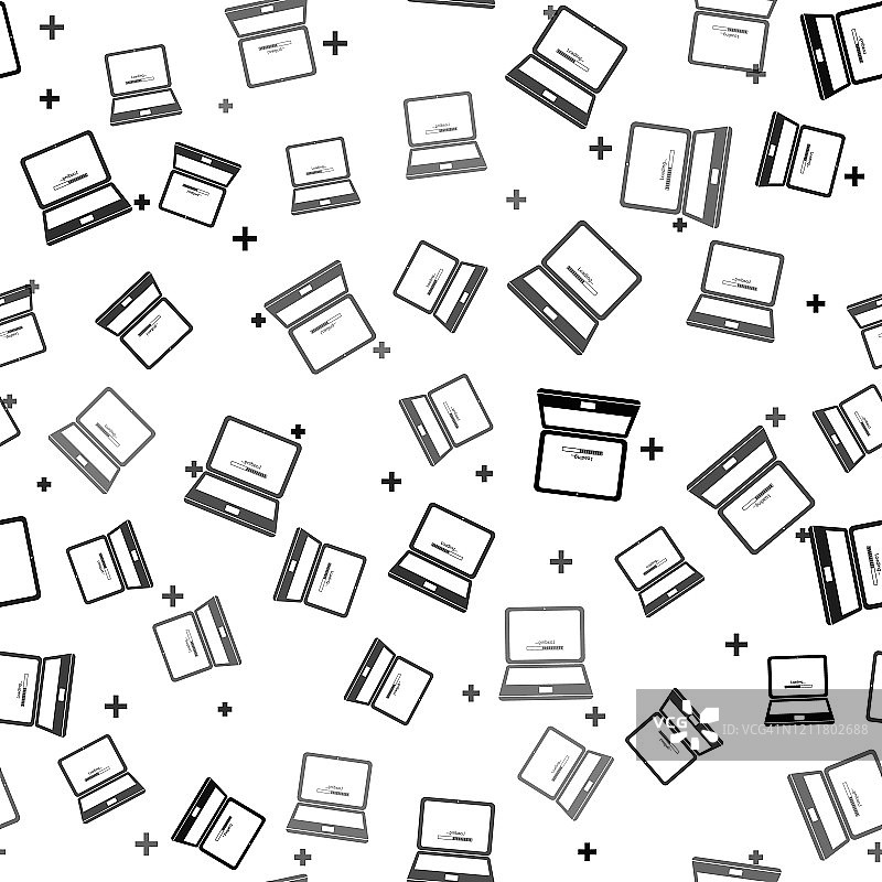 白色背景上带加载条图标的黑色笔记本电脑更新过程无缝图案，系统软件更新，笔记本电脑屏幕中的加载过程，矢量图图片素材
