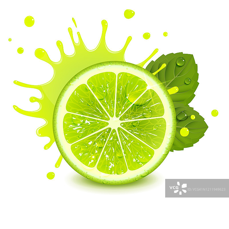 青柠、薄荷叶和飞溅的果汁图片素材