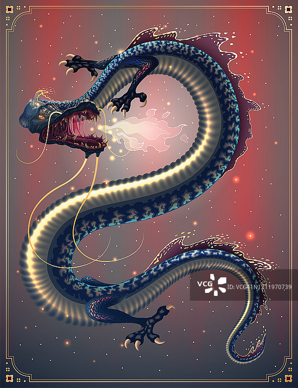 梦幻日式龙或爬行动物艺术：喷火中国飞龙剪影矢量插画图片素材