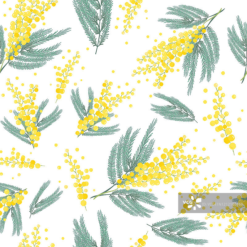 含羞草花卉无缝春季图案，明亮黄色花朵背景图片素材
