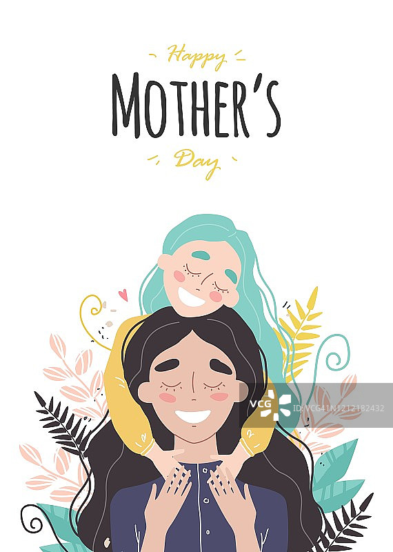 母亲节贺卡：妈妈和女儿的微笑拥抱图片素材