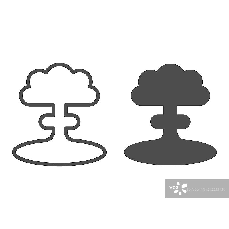 核爆炸线和实体图标。原子弹爆炸，蘑菇形有毒云符号，白色背景上的轮廓样式象形图。用于移动概念或网页设计的战争标志。矢量图形。图片素材