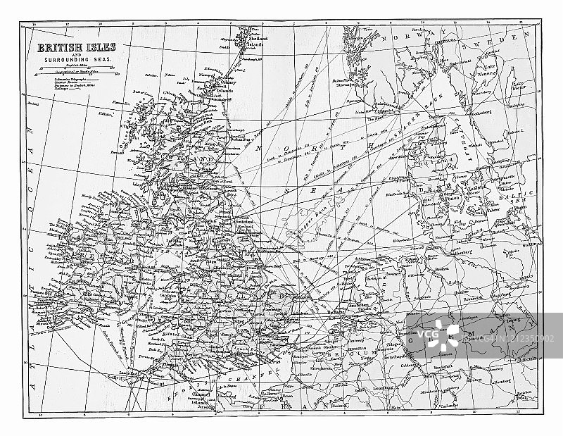 1894年出版的不列颠群岛老地图。古董插图，《大众百科全书》1894年出版。此艺术品的版权已过期图片素材