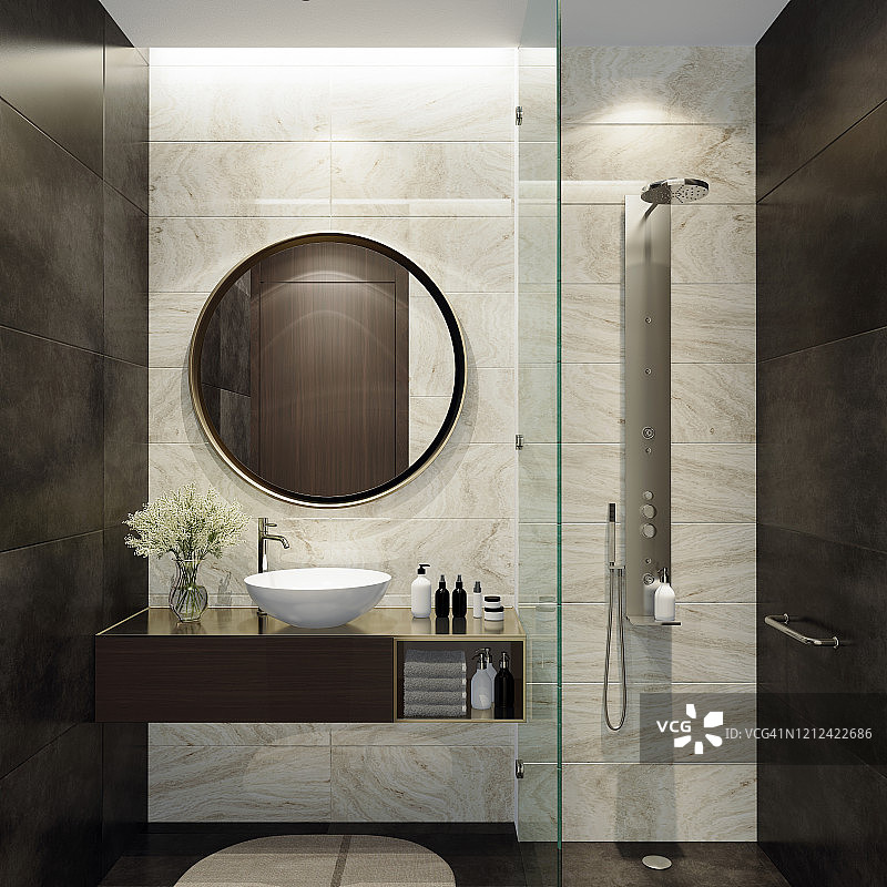 带圆形镜子的小型奢华简约浴室图片素材