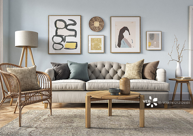 波西米亚风格客厅内饰3D渲染图片素材