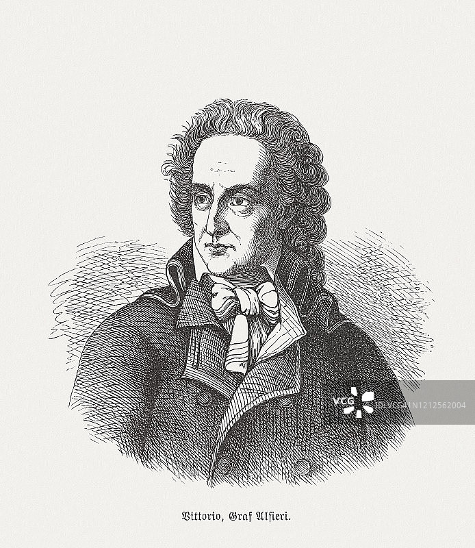 维托里奥·阿尔菲耶里伯爵（1749-1803），意大利诗人，1893年出版的木刻版画图片素材
