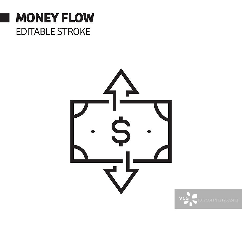 资金流向线性图标、矢量符号插图。像素完美，可编辑笔画。图片素材
