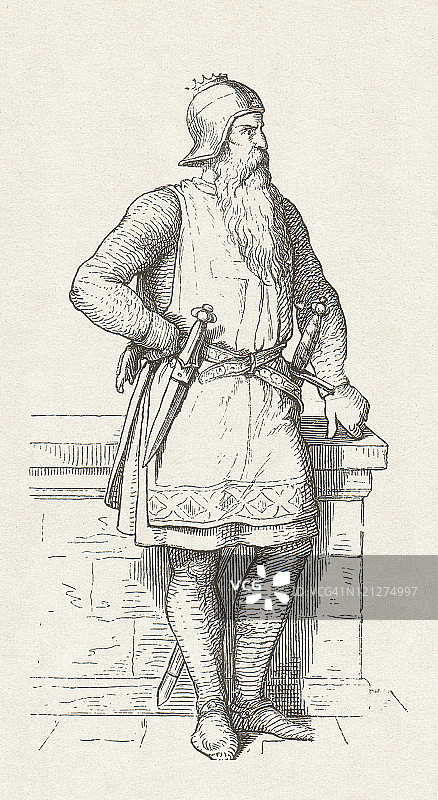 红胡子腓特烈一世（约1122-1190年），神圣罗马帝国皇帝，1881年木刻版画图片素材