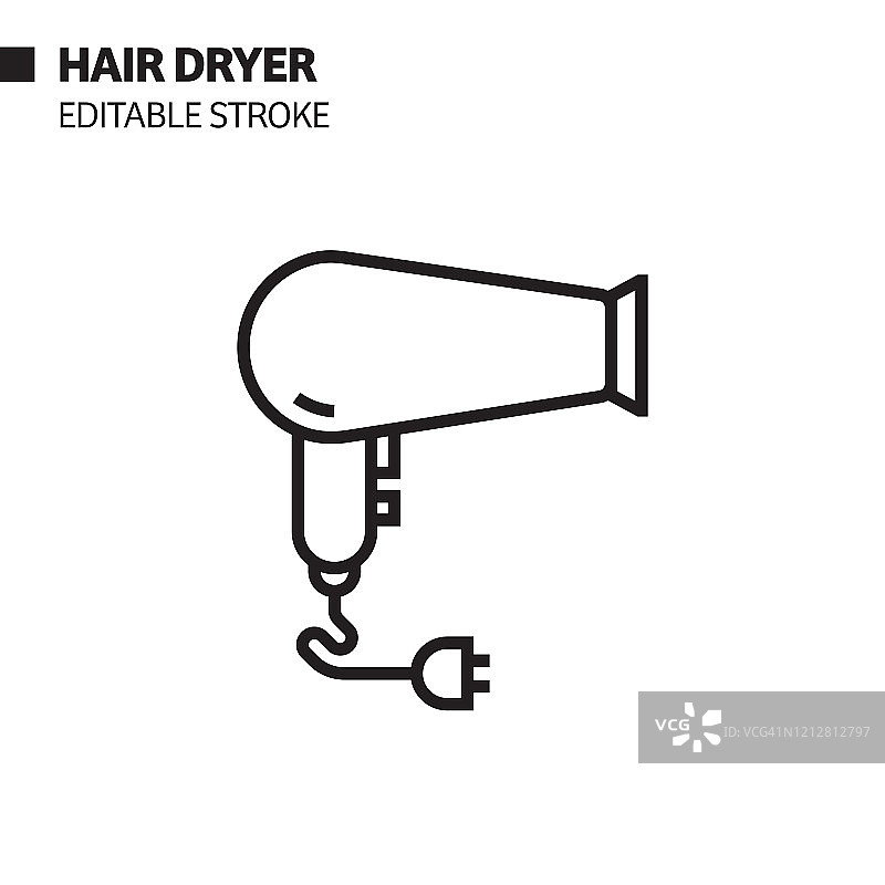 电吹风线性图标，轮廓矢量符号插图。像素完美，可编辑笔画。图片素材