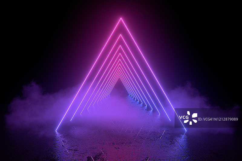 具有紫外线霓虹灯的3D抽象背景，空框架，宇宙景观，带烟雾的发光隧道门图片素材