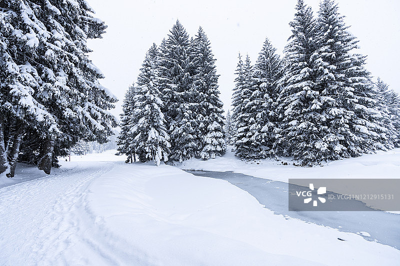 冰冻溪流和湖泊的雪冬景色图片素材