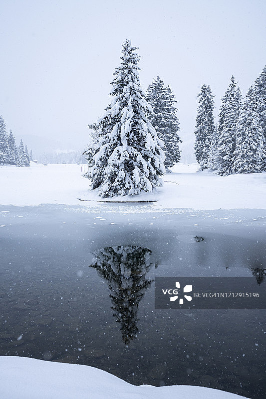 冰冻溪流和湖泊的雪冬景色图片素材
