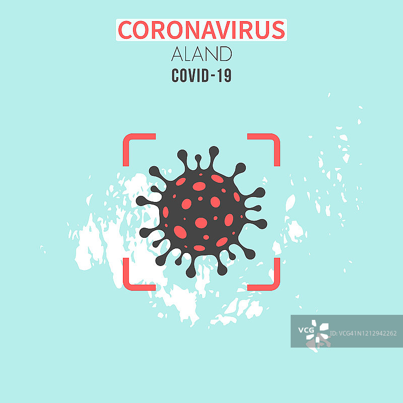 带有红色取景器中冠状病毒细胞 (COVID-19) 的奥兰群岛地图图片素材