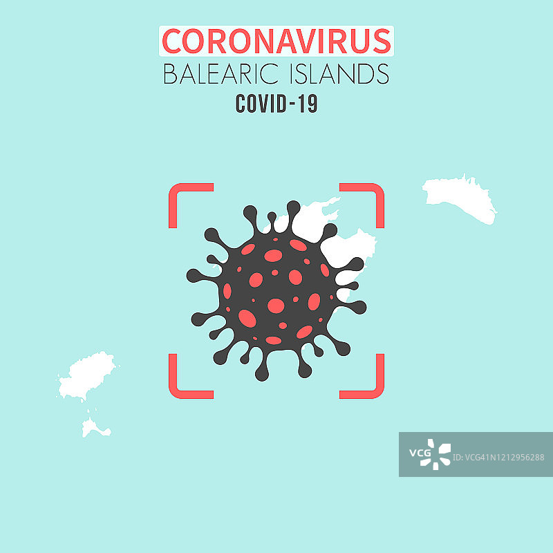 带有红色取景器中冠状病毒细胞（COVID-19）的巴利阿里群岛地图图片素材