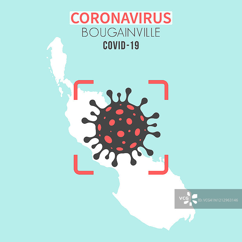 布干维尔地图和红色取景器中的冠状病毒细胞（COVID-19）图片素材