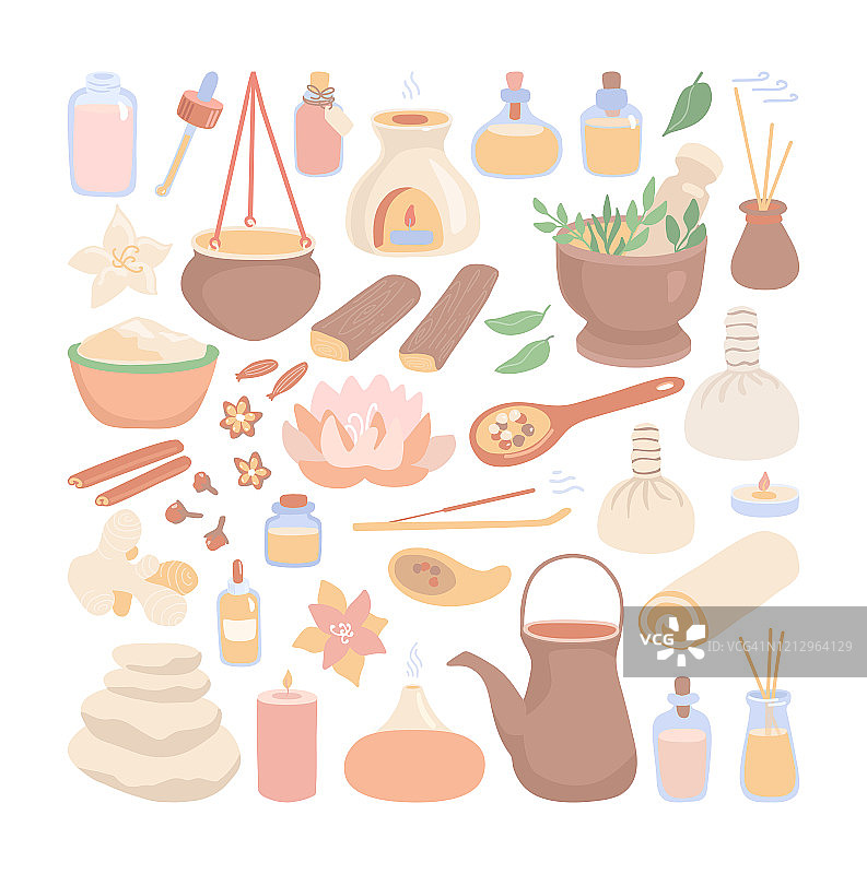 阿育吠陀矢量剪贴画大集合。手绘扁平元素，关于阿育吠陀按摩和滴油疗法。图片素材