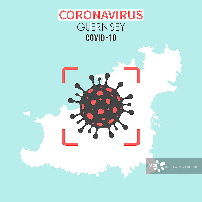 红色取景器中带有冠状病毒细胞 (COVID-19) 的根西岛地图图片素材