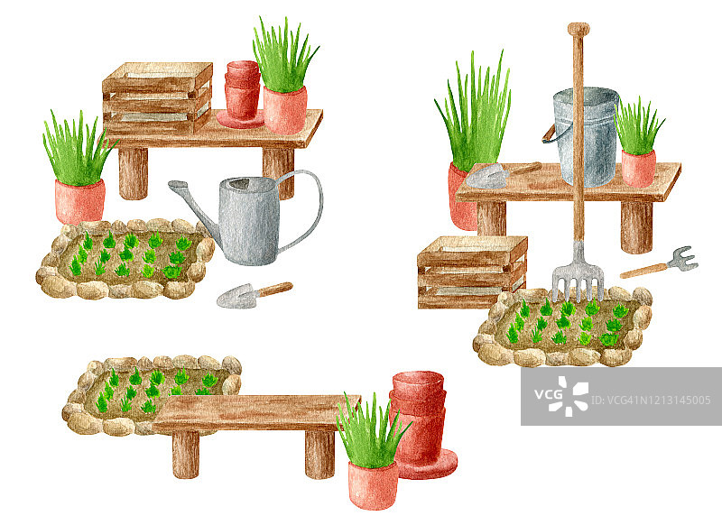 水彩园艺插图集，手绘喷壶、耙子、水桶、木箱、苗圃、花盆中的幼苗和草药、长凳，白色背景，春夏季节卡片设计图片素材