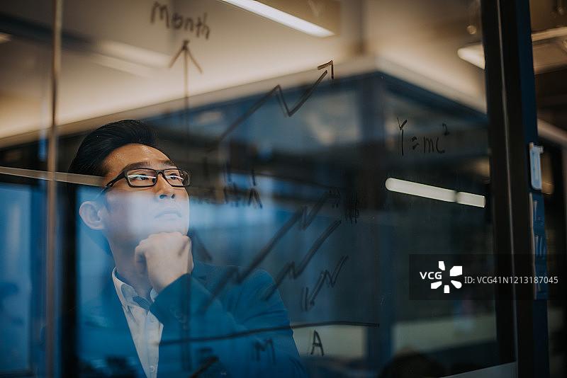 查看用记号笔绘制图表的玻璃材料的中国男高管图片素材