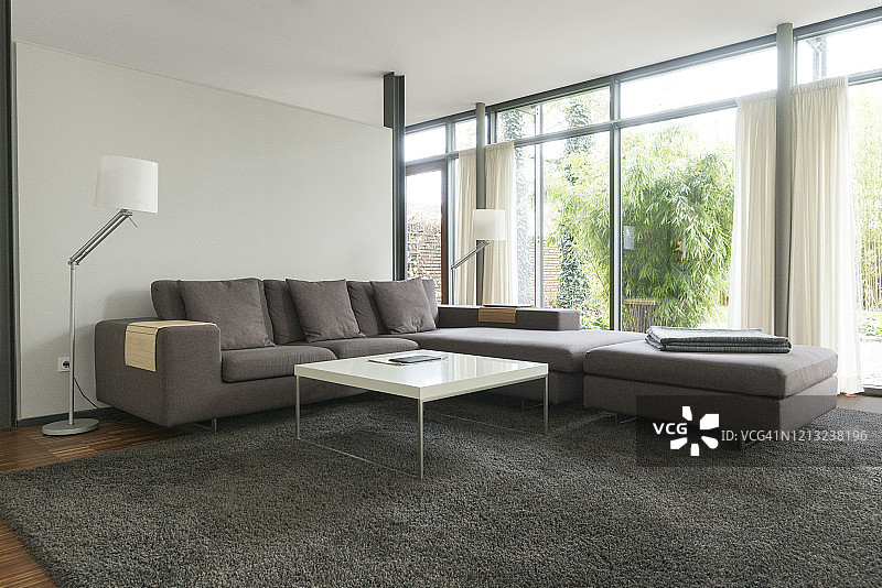 设计住宅中的现代客厅，配有大窗户图片素材