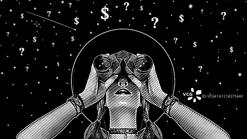 用双筒望远镜寻找解决财务不确定性方案的女人图片素材