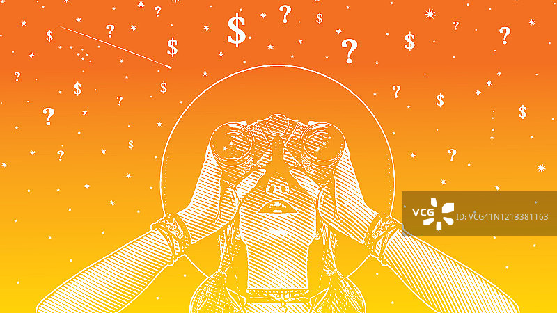 用双筒望远镜寻找解决财务不确定性方案的女人图片素材