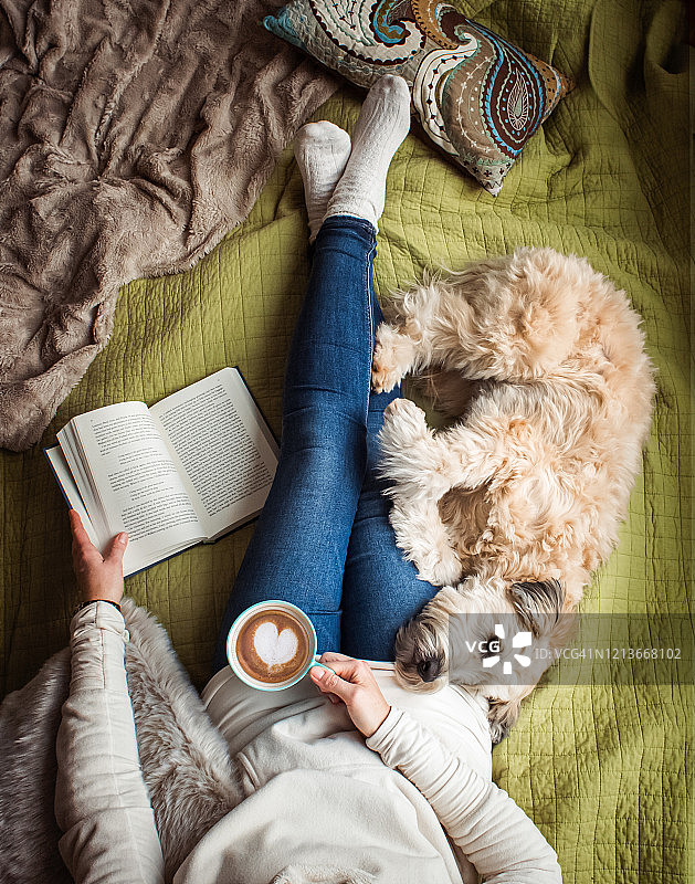 女人躯干在床上，旁边放着书、咖啡和狗的俯视图图片素材