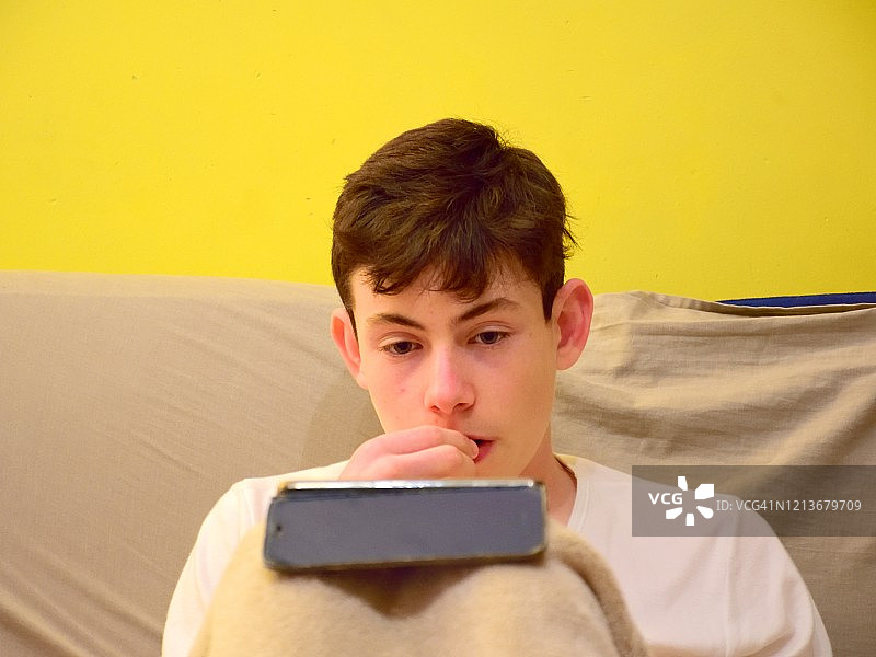 少年在家中使用社交媒体图片素材
