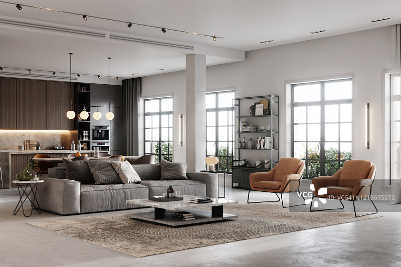 全套家具的客厅3D渲染图图片素材