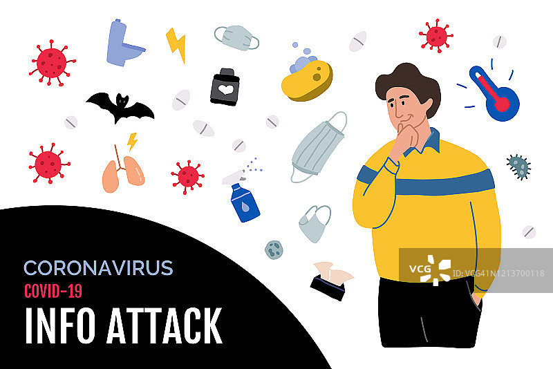 信息攻击与注意力操纵。人们思考感染冠状病毒。疾病、恐惧、细菌与自卫。2019-nCoV概念扁平矢量图。图片素材