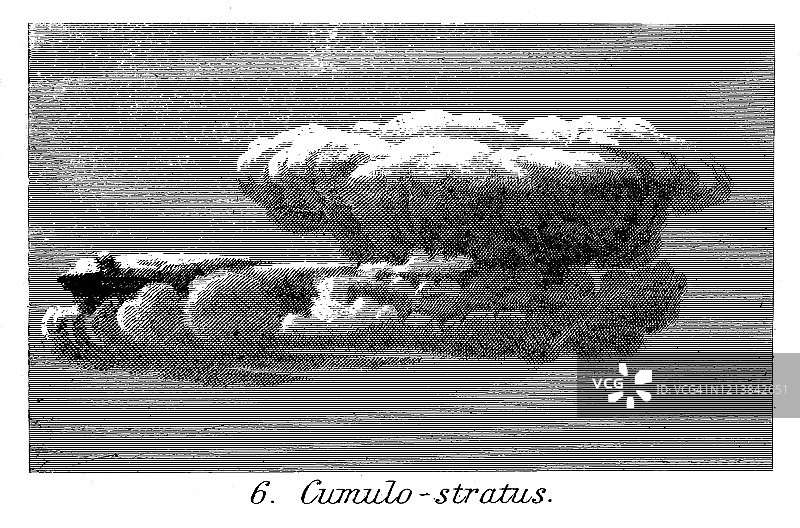 古董插图 - 层积云、水柱，《大众百科全书》出版于1894年。此艺术品的版权已过期图片素材