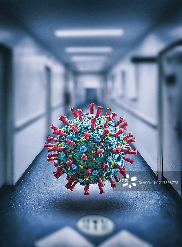 医院中漂浮的COVID-19新型冠状病毒微观模型图片素材