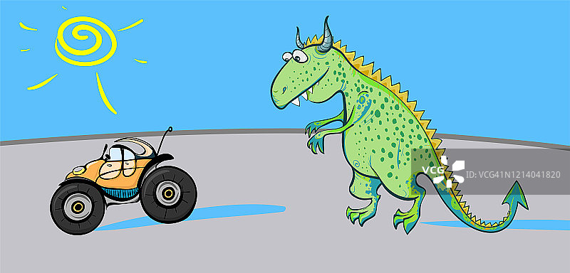 童话恐龙在路上追逐玩具车图片素材