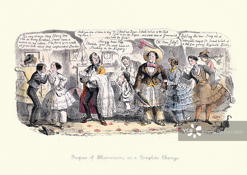 男女角色互换讽刺卡通维多利亚时期布卢默主义图片素材