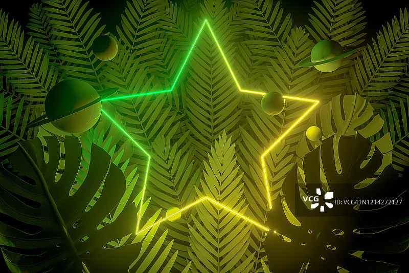 3D霓虹灯和棕榈树背景上的空画框，夏季概念图片素材