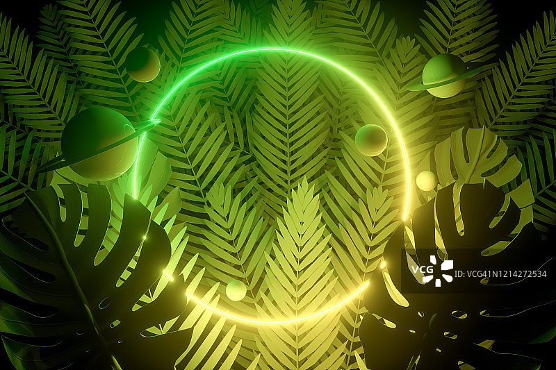 3D霓虹灯和棕榈树背景上的空画框，夏季概念图片素材